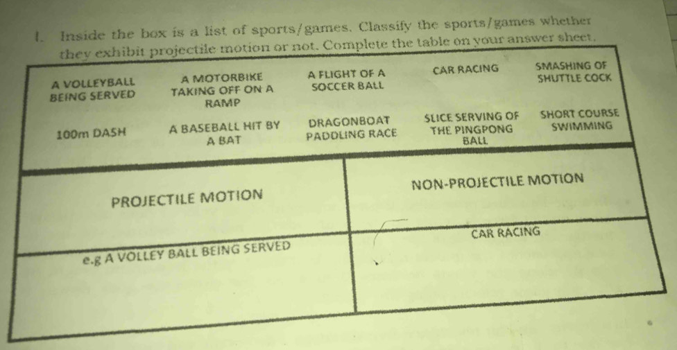 Inside the box is a list of sports/games. Classify the sports/games whether 
sheet,