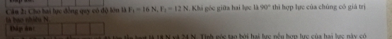 Cân 2: Cho hai lực đồng quy có độ lớn là F_1=16N, F_2=12N Khi góc giữa hai lực là 90° thì hợp lực của chúng có giá trị
là bao nhiều N.
Đáp ân:
a tàn luợt là 18 N và 24 N. Tính góc tạo bởi hai lực nều hợp lực của hai lực này có