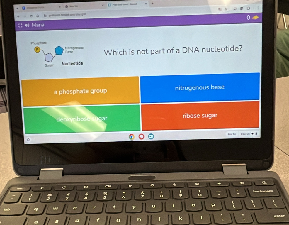 äte Vo Play Goed Quest : Hommet
jest.blooket. complay/gold
Maria
Which is not part of a DNA nucleotide?
a phosphate group nitrogenous base
deoxyribose sugar ribose sugar
Now 14 9:13 u5
。
a
。
C
%
8 :
: -
; : ; ; 5 6 backspace
tab q w e r t y u i 。 p
h j k 1 enter