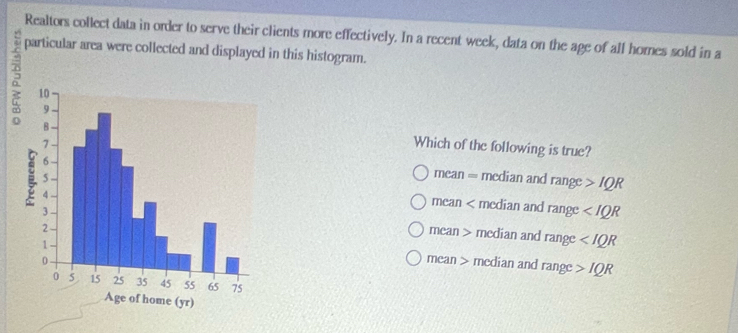 Realtors collect data in order to serve their clients more effectively. In a recent week, data on the age of all homes sold in a
particular area were collected and displayed in this histogram.
Which of the following is true?
mean = median and range IQR
mean < median and range 
mean > median and range
mean > median and range IQR