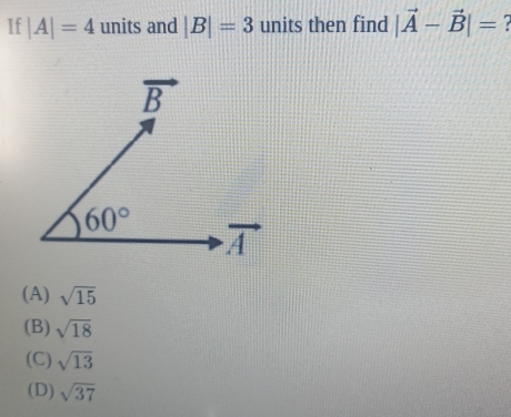 Solved: If |A|=4 units and |B|=3 units then find |vector A-vector B ...