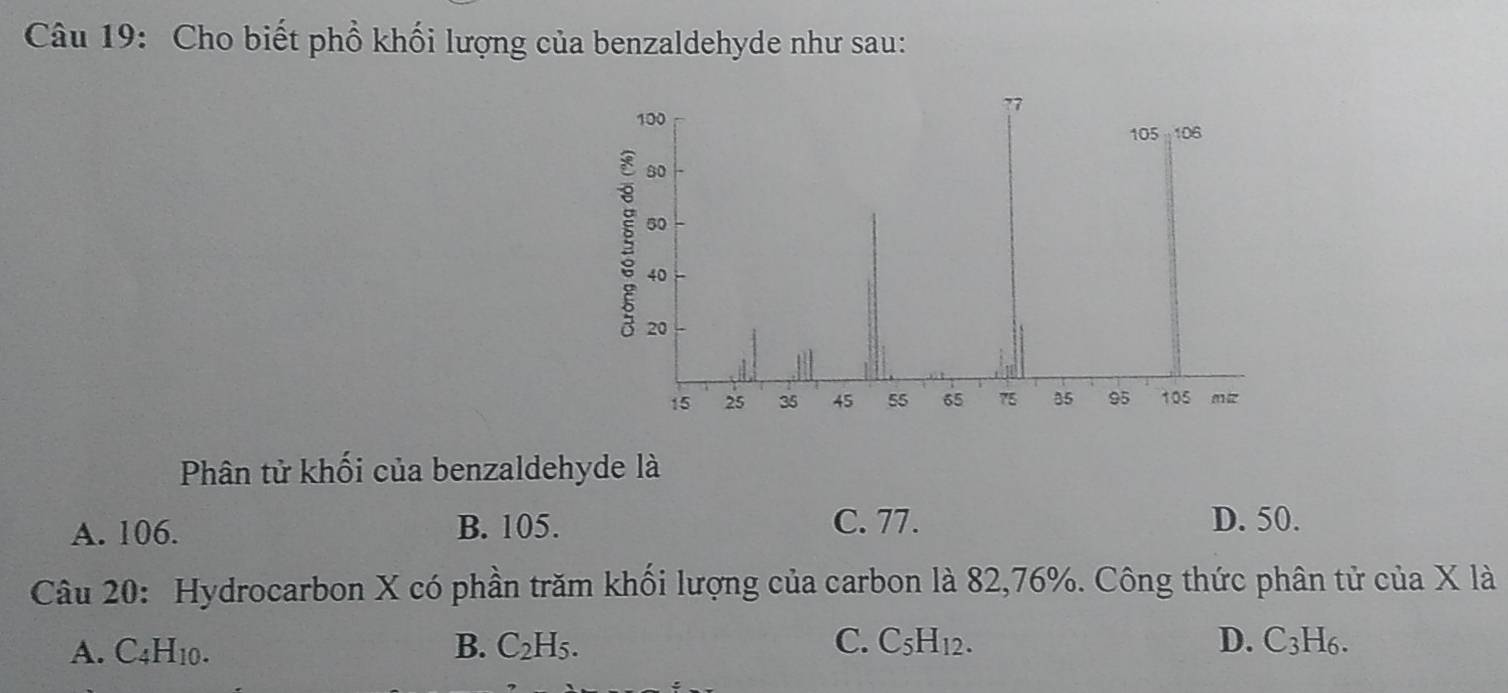 Cho biết phổ khối lượng của benzaldehyde như sau:
Phân tử khối của benzaldehyde là
A. 106. B. 105. C. 77. D. 50.
Câu 20: Hydrocarbon X có phần trăm khối lượng của carbon là 82, 76%. Công thức phân tử của X là
D.
A. C_4H_10. B. C_2H_5. C. C_5H_12. C_3H_6.