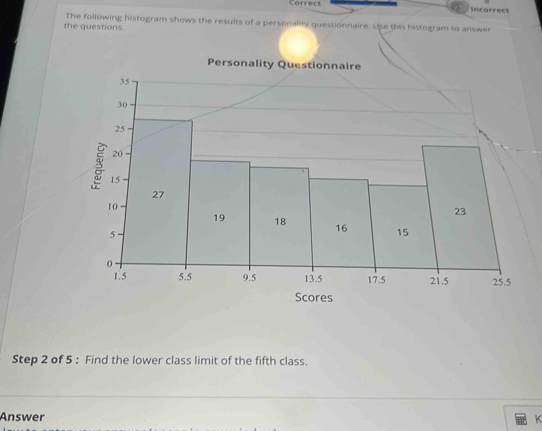 Correct Incorrect 
The following histogram shows the results of a personality questionnaire. ise this histogram to answer 
the questions. 
Step 2 of 5 : Find the lower class limit of the fifth class. 
Answer 
K