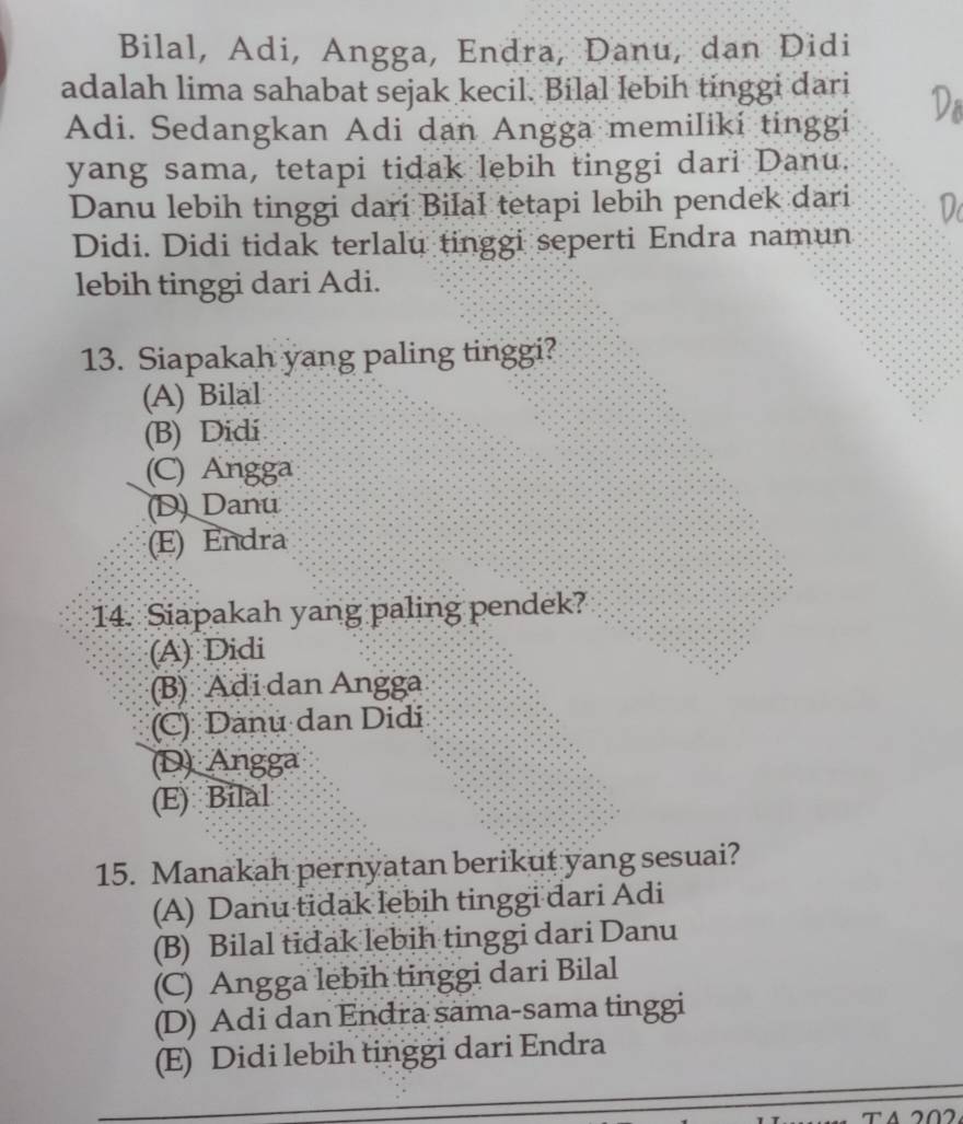 Bilal, Adi, Angga, Endra, Danu, dan Didi
adalah lima sahabat sejak kecil. Bilal lebih tinggi dari
Adi. Sedangkan Adi dan Angga memiliki tinggi
yang sama, tetapi tidak lebih tinggi dari Danu.
Danu lebih tinggi dari Biłal tetapi lebih pendek dari
Didi. Didi tidak terlalu tinggi seperti Endra namun
lebih tinggi dari Adi.
13. Siapakah yang paling tinggi?
(A) Bilal
(B) Didi
(C) Angga
(D) Danu
(E) Endra
14. Siapakah yang paling pendek?
(A) Didi
(B) Adi dan Angga
(C) Danu dan Didi
(D) Angga
(E) Bilal
15. Manakah pernyatan berikut yang sesuai?
(A) Danu tidak lebih tinggi dari Adi
(B) Bilal tidak lebih tinggi dari Danu
(C) Angga lebih tinggi dari Bilal
(D) Adi dan Endra sama-sama tinggi
(E) Didi lebih tinggi dari Endra