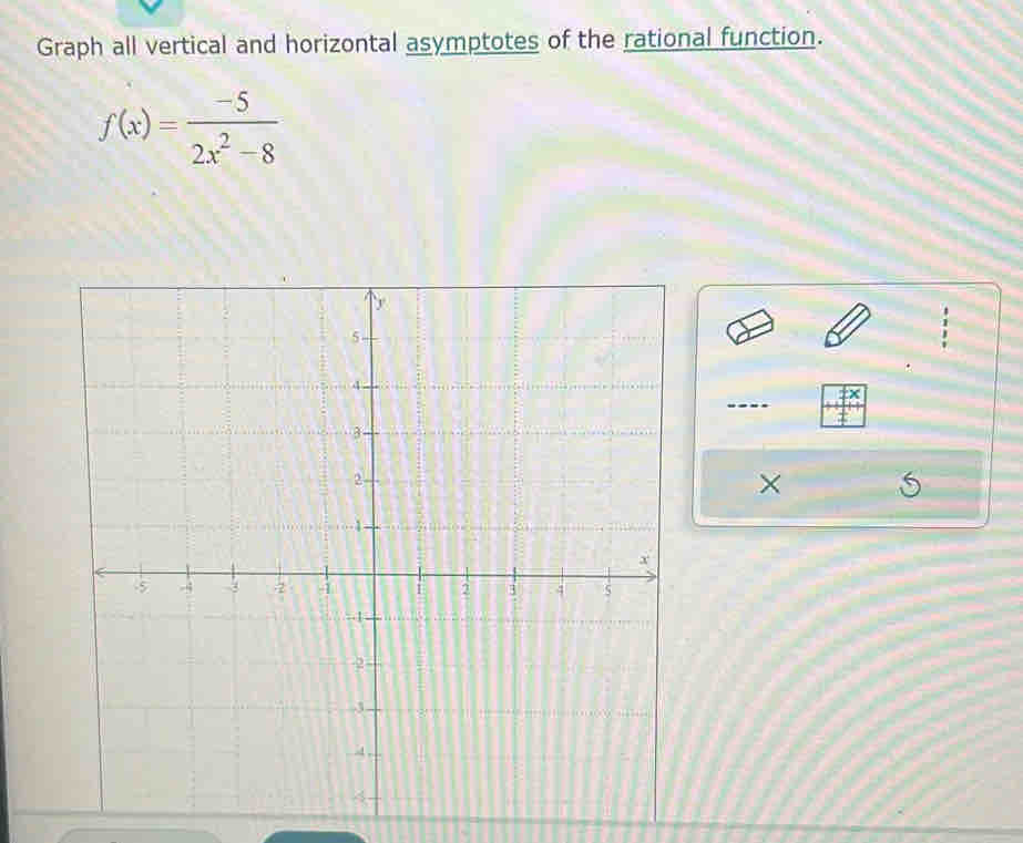 Graph all vertical and horizontal asymptotes of the rational function.
f(x)= (-5)/2x^2-8 
×