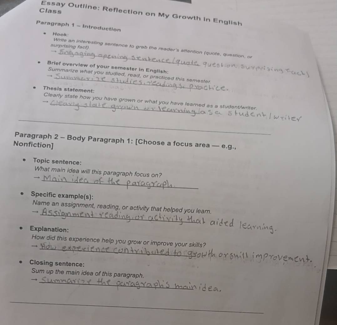 Solved: Class Essay Outline: Reflection on My Growth in English ...