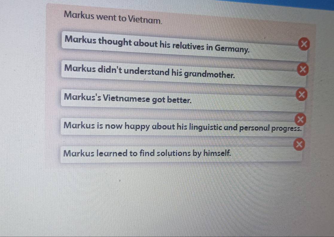 Markus went to Vietnam. 
Markus thought about his relatives in Germany. 
Markus didn't understand his grandmother. 
Markus's Vietnamese got better. 
Markus is now happy about his linguistic and personal progress. 
Markus learned to find solutions by himself.