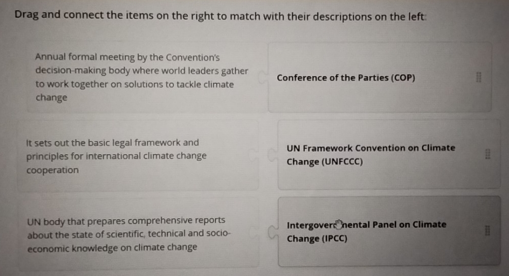 Drag and connect the items on the right to match with their descriptions on the left. 
Annual formal meeting by the Convention's 
decision-making body where world leaders gather Conference of the Parties (COP) 
to work together on solutions to tackle climate 
change 
It sets out the basic legal framework and UN Framework Convention on Climate 
principles for international climate change 
Change (UNFCCC) 
cooperation 
UN body that prepares comprehensive reports 
Intergover: nental Panel on Climate 
about the state of scientific, technical and socio- 
Change (IPCC) 
economic knowledge on climate change