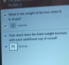 the box, I 
What is the weight of the box when it 
is empty? 
a aunces 
How much does the total weight increase 
with each additional cup of cereal?
20 ounces