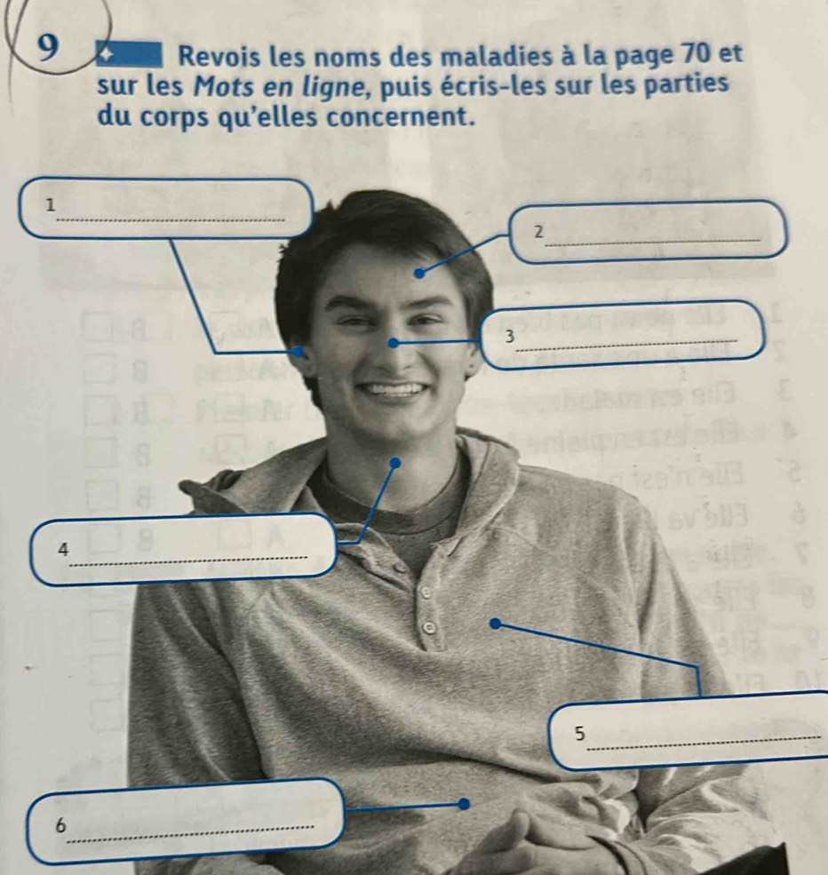 Revois les noms des maladies à la page 70 et 
sur les Mots en ligne, puis écris-les sur les parties 
du corps qu'elles concernent. 
_5