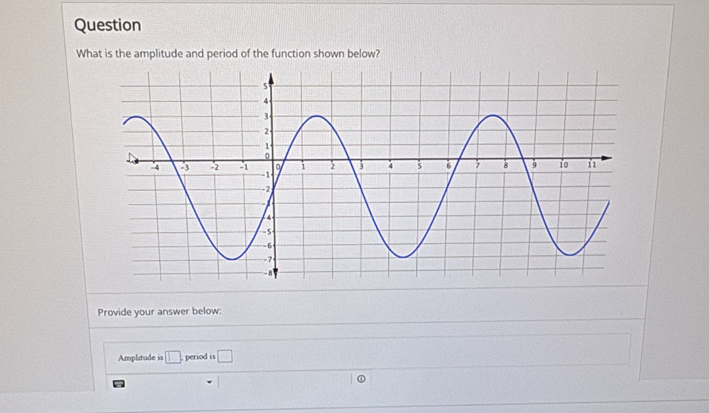 Question 
What is the amplitude and period of the function shown below? 
Provide your answer below: 
Amplitude is □. period is □