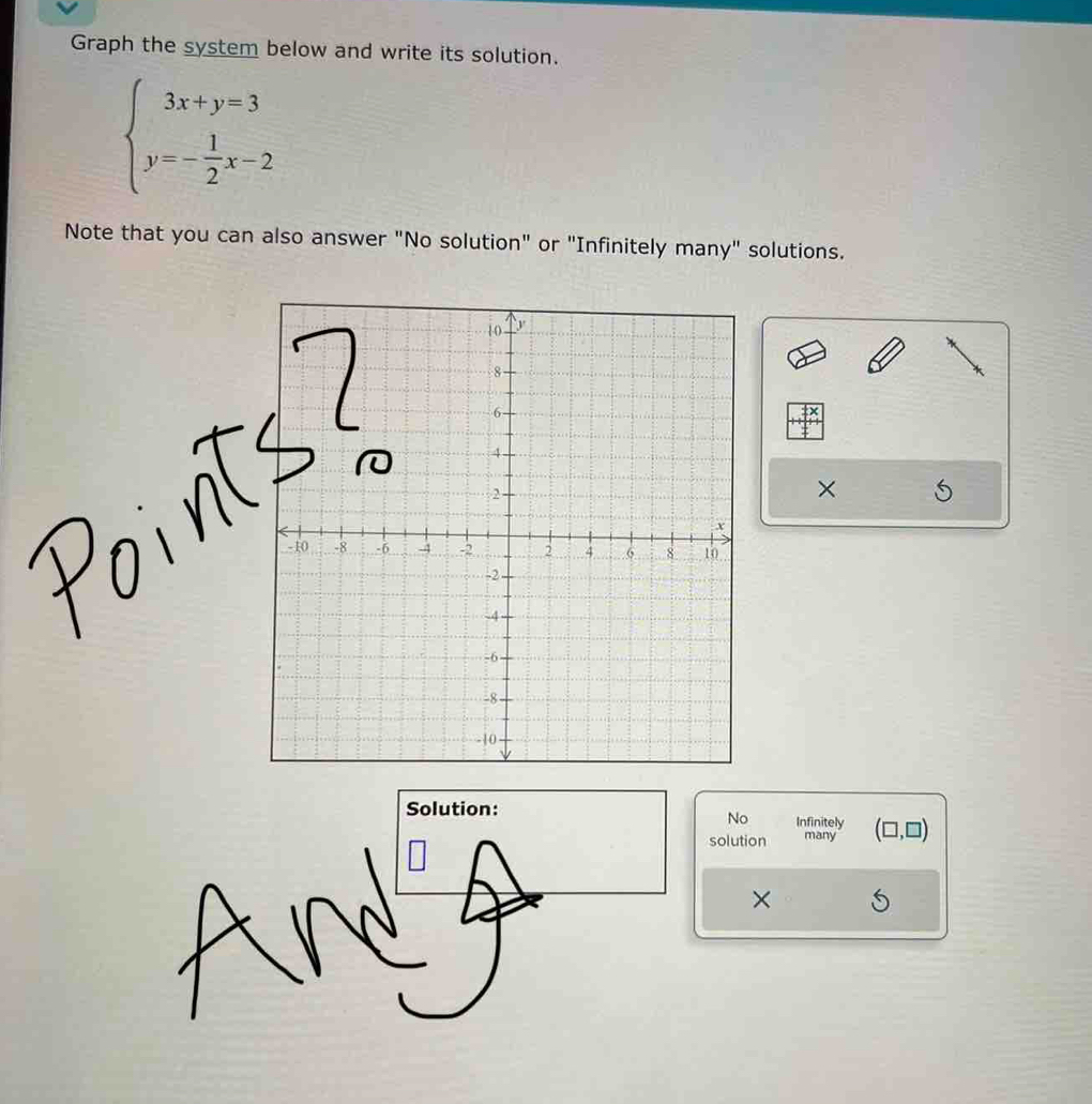 Graph the system below and write its solution.
beginarrayl 3x+y=3 y=- 1/2 x-2endarray.
Note that you can also answer "No solution" or "Infinitely many" solutions. 
× 
Infinitely (□ ,□ )
No 
solution many 
×