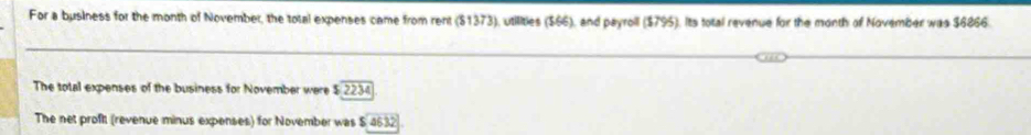 For a business for the month of November, the total expenses came from rent ($1373), utilities ($66), and payroll ($795). Its total revenue for the month of November was $6866. 
The total expenses of the business for November were $ 2234
The net proft (revenue minus expenses) for November was $ 4632
