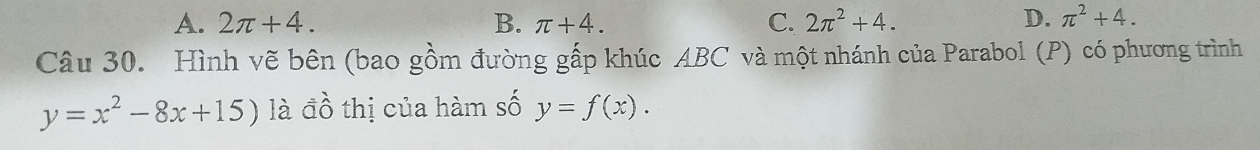 A. 2π +4. B. π +4. C. 2π^2+4. D. π^2+4. 
Câu 30. Hình vẽ bên (bao gồm đường gấp khúc ABC và một nhánh của Parabol (P) có phương trình
y=x^2-8x+15) là đồ thị của hàm số y=f(x).