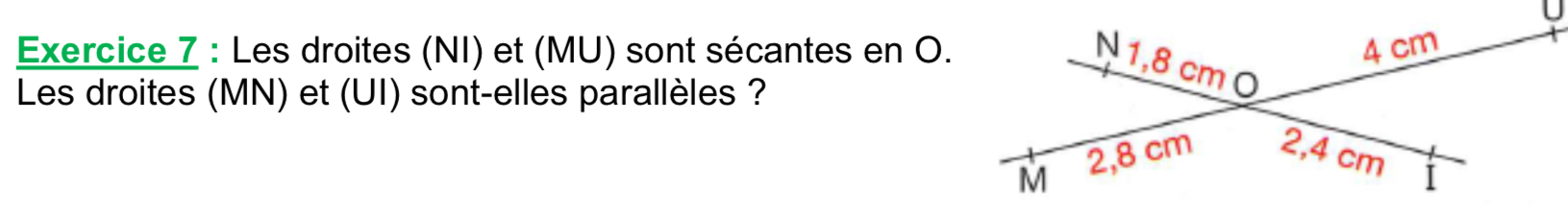 Les droites (NI) et (MU) sont sécantes en O. 
Les droites (MN) et (UI) sont-elles parallèles ?