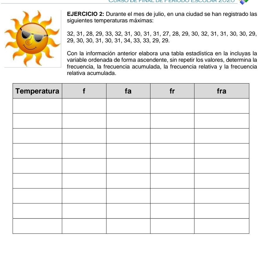 CURSO DE FINAL DE FERIODO ESCOLAR 2020 
JERCICIO 2: Durante el mes de julio, en una ciudad se han registrado las 
siguientes temperaturas máximas:
2, 31, 28, 29, 33, 32, 31, 30, 31, 31, 27, 28, 29, 30, 32, 31, 31, 30, 30, 29,
9, 30, 30, 31, 30, 31, 34, 33, 33, 29, 29. 
Con la información anterior elabora una tabla estadística en la incluyas la 
ariable ordenada de forma ascendente, sin repetir los valores, determina la 
recuencia, la frecuencia acumulada, la frecuencia relativa y la frecuencia 
relativa acumulada.