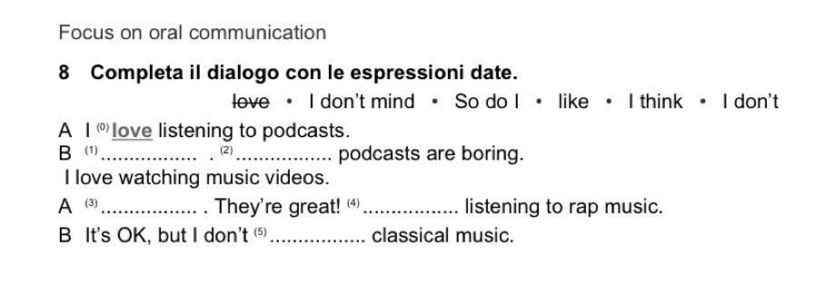 Focus on oral communication 
8 Completa il dialogo con le espressioni date. 
love • I don't mind • So do I • like • I think • I don't 
A |(0) love listening to podcasts. 
B (1)_ (2) _podcasts are boring. 
I love watching music videos. 
A (⑶)_ . They're great! _listening to rap music. 
B It's OK, but I don't ⑸_ classical music.