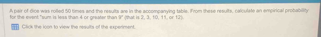 A pair of dice was rolled 50 times and the results are in the accompanying table. From these results, calculate an empirical probability 
for the event "sum is less than 4 or greater than 9° (that is 2, 3, 10, 11, or 12) 
::: Click the icon to view the results of the experiment.