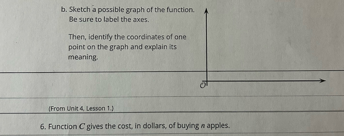 Sketch a possible graph of the function. 
Be sure to label the axes. 
Then, identify the coordinates of one 
point on the graph and explain its 
meaning. 
(From Unit 4, Lesson 1.) 
6. Function C gives the cost, in dollars, of buying n apples.