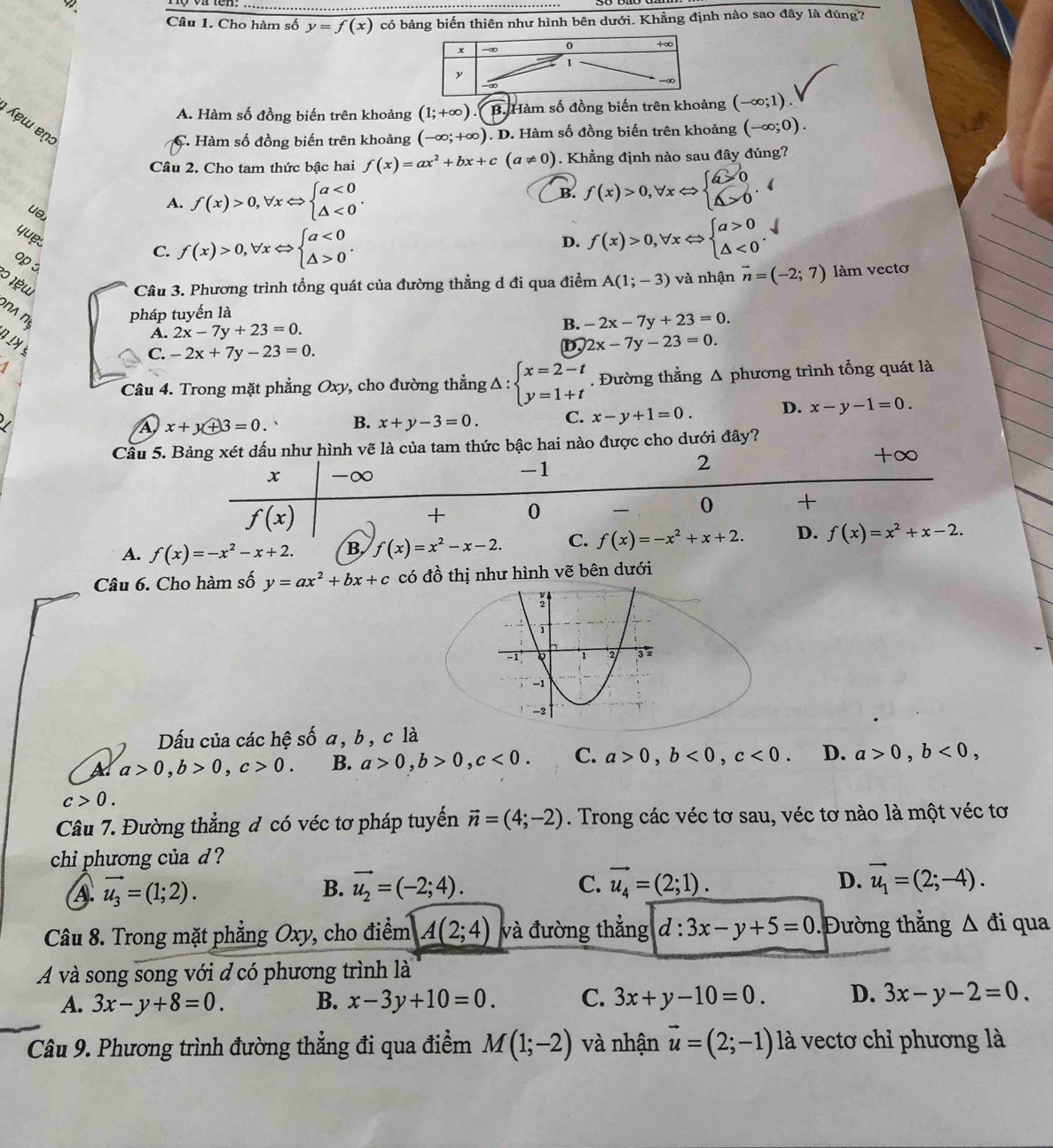 Cho hàm số y=f(x) có bảng biến thiên như hình bên dưới. Khằng định nào sao đây là đúng?
A. Hàm số đồng biến trên khoảng (1;+∈fty ) B. Hàm số đồng biến trên khoảng (-∈fty ;1).
w n
C. Hàm số đồng biến trên khoảng (-∈fty ;+∈fty ). D. Hàm số đồng biến trên khoảng (-∈fty ;0).
Câu 2. Cho tam thức bậc hai f(x)=ax^2+bx+c(a!= 0) Khẳng định nào sau đây đúng?
ue
A. f(x)>0,forall xLeftrightarrow beginarrayl a<0 △ <0endarray. .
B. f(x)>0,forall xLeftrightarrow beginarrayl a>0 △ >0endarray. . r
yue
C. f(x)>0,forall xLeftrightarrow beginarrayl a<0 △ >0endarray. .
D. f(x)>0,forall xLeftrightarrow beginarrayl a>0 △ <0endarray. . √
op s
o Iw
Câu 3. Phương trình tổng quát của đường thẳng d đi qua điểm A(1;-3) và nhận vector n=(-2;7) làm vectơ
pháp tuyến là
A. 2x-7y+23=0.
B. -2x-7y+23=0.
C. -2x+7y-23=0.
D, 2x-7y-23=0.
1
Câu 4. Trong mặt phẳng Oxy , cho đường thẳng △ :beginarrayl x=2-t y=1+tendarray.. Đường thẳng Δ phương trình tổng quát là
I
x+y+3=0. B. x+y-3=0. C. x-y+1=0. D. x-y-1=0.
Cầu 5. Bảng xét dấu như hình vẽ là của tam thức bậc hai nào được cho dưới đây?
A. f(x)=-x^2-x+2. B f(x)=x^2-x-2.
Câu 6. Cho hàm số y=ax^2+bx+c có đồ thị như hình vẽ bên dưới
Dấu của các hệ số a, b, c là
A a>0,b>0,c>0. B. a>0,b>0,c<0. C. a>0,b<0,c<0. D. a>0,b<0,
c>0.
Câu 7. Đường thẳng đ có véc tơ pháp tuyến vector n=(4;-2). Trong các véc tơ sau, véc tơ nào là một véc tơ
chi phương của d ?
B.
A. vector u_3=(1;2). vector u_2=(-2;4).
C. vector u_4=(2;1). D. vector u_1=(2;-4).
Câu 8. Trong mặt phẳng Oxy, cho điểm A(2;4) và đường thẳng d:3x-y+5=0 Đường thẳng Δ đi qua
A và song song với đ có phương trình là
A. 3x-y+8=0. B. x-3y+10=0. C. 3x+y-10=0. D. 3x-y-2=0.
Câu 9. Phương trình đường thẳng đi qua điểm M(1;-2) và nhận vector u=(2;-1) là vectơ chỉ phương là