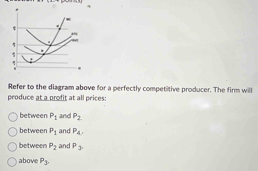 Refer to the diagram above for a perfectly competitive producer. The firm will
produce at a profit at all prices:
between P_1 and P_2.
between P_1 and P_4.
between P_2 and P_3.
above P_3.