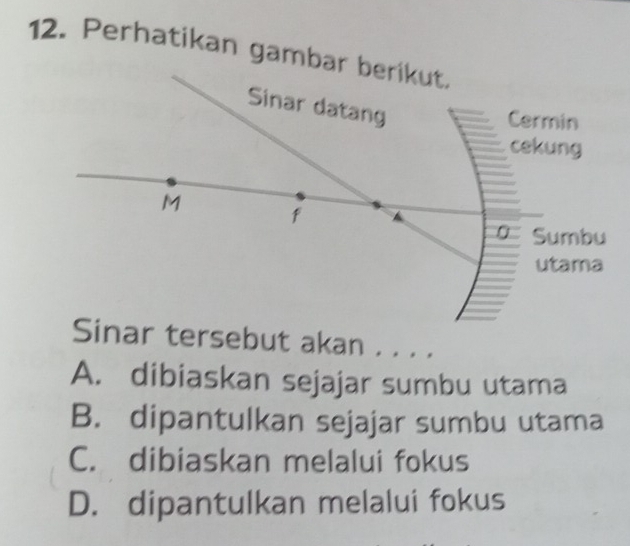 Perhatikan gambar berikut.
Sinar tersebut akan . . . .
A. dibiaskan sejajar sumbu utama
B. dipantulkan sejajar sumbu utama
C. dibiaskan melalui fokus
D. dipantulkan melalui fokus