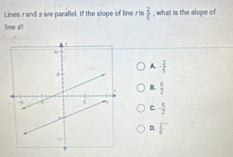 Linesrand s are parallel. If the slope of lineris  2/5  , what is the slope of
line s?
A. - 2/5 
B.  5/2 
C. - 5/2 
D.  2/5 