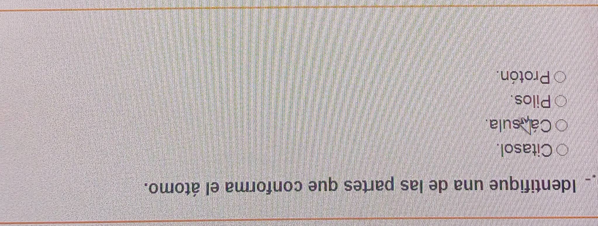 Identifique una de las partes que conforma el átomo.
Citasol.
Ca sula.
Pilos.
Protón.