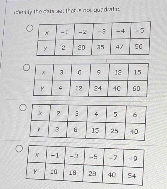 Identify the data set that is not quadratic.