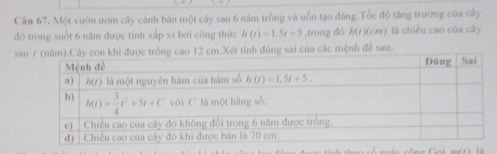 Một vườn ươm cây cảnh bán một cây sau 6 năm trồng và uốn tạo đáng,Tốc độ tăng trường của cây
đó trong suốt 6 năm được tính xấp xỉ bởi công thức h'(t)=1.5t+5 ,trong đó (1)(cm ) là chiều cao của cây
saXét tính đúng sai của các mệnh đề sau.
mt là