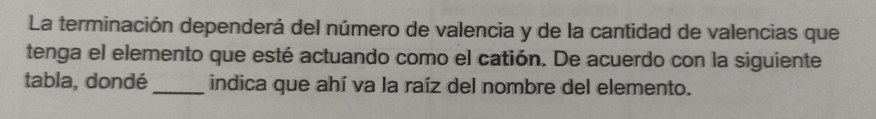 La terminación dependerá del número de valencia y de la cantidad de valencias que 
tenga el elemento que esté actuando como el catión. De acuerdo con la siguiente 
tabla, dondé_ indica que ahí va la raíz del nombre del elemento.