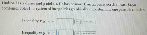 Hudson has æ dimes and y nickels. He has no more than 22 coins worth at least $1.50
combined. Solve this system of inequalities graphically and determine one possible solution. 
Inequality 1:y≥ v□  pht/pht  switch shade 
Inequality 2:y≤ sqrt(|)□ pha switch shade