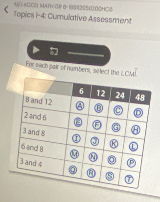 M/J ACCEL MATH GR 6-188112050200HCB 
Topics 1-4: Cumulative Assessment 
For each pair of numbers, select the LCM.