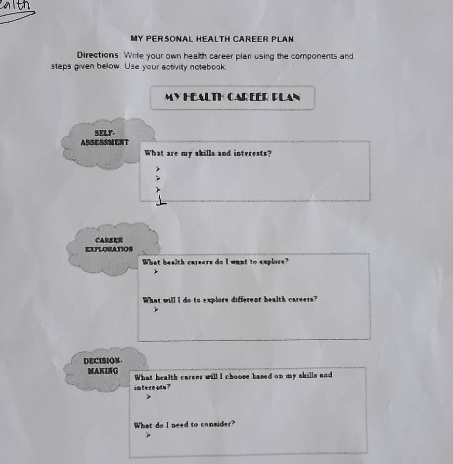 MY PER SONAL HEALTH CAREER PLAN 
Directions: Write your own health career plan using the components and 
steps given beow. Use your activity notebook. 
MYHEALTH CAREER PLAY 
SELF- 
ASSESSMEST 
What are my skills and interests? 
CARSER 
EXFLORATIOS 
What bealth careers do I want to explore? 
What will I do to explore different health careers? 
DBCISION 
MAKING 
What health carees will I choose based on my skills and 
interents? 
What do I need to consider?