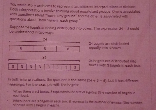 You wrote story problems to represent two different interpretations of division. 
Both interpretations involve thinking about equal-sized groups. One is associated 
with questions about "how many groups" and the other is associated with 
questions about "how many in each group." 
Suppose 24 bagels are being distributed into boxes. The expression 24/ 3 could 
be understood in two ways:
24
24 bagels are distributed
8 8 8 equally into 3 boxes.
24
24 bagels are distributed into 
boxes with 3 bagels in each box. 
In both interpretations, the quotient is the same (24/ 3=8) , but it has different 
meanings. For the example with the bagels: 
When there are 3 boxes. 8 represents the size of a group (the number of bagels in 
each box). 
When there are 3 bagels in each box, 8 represents the number of groups (the number 
of boxes with 3 bagels in each).