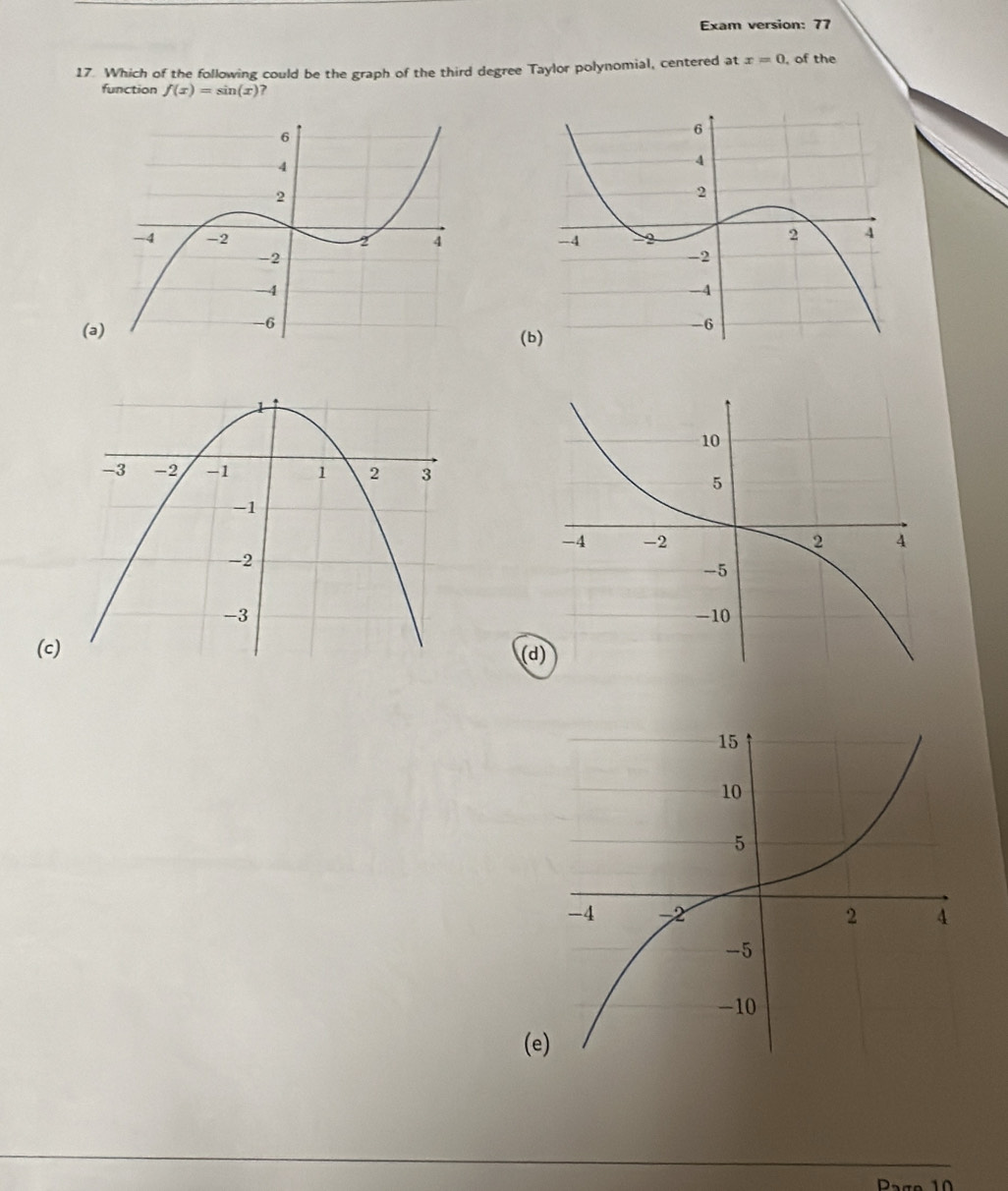 Exam version: 77 
17. Which of the following could be the graph of the third degree Taylor polynomial, centered at x=0 , of the 
function f(x)=sin (x)

(a( 
(c)(d) 
(