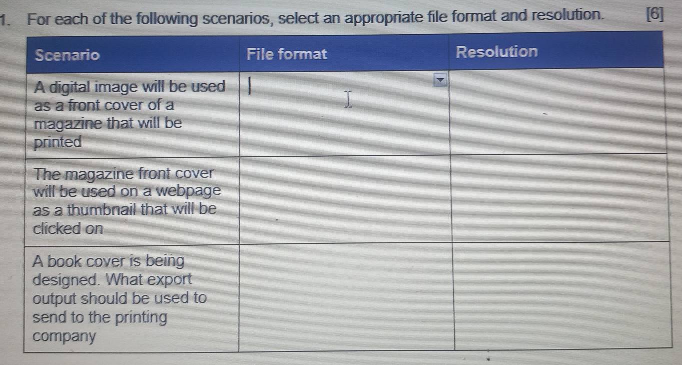 For each of the following scenarios, select an appropriate file format and resolution. [6]