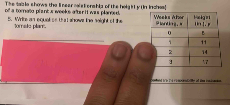 The table shows the linear relationship of the height y (in inches) 
of a tomato plant x weeks after it was planted. 
5. Write an equation that shows the height of the 
tomato plant. 
content are the responsibility of the instructor.