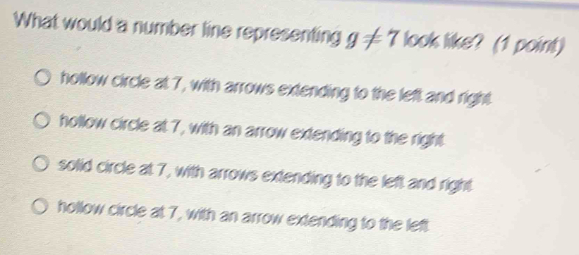 Solved: What would a number line representing g!= 7 look like? (1 point ...