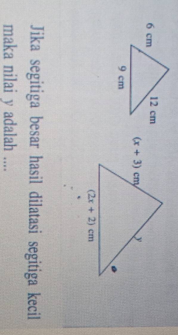 Jika segitiga besar hasil dilatasi segitiga kecil
maka nilai y adalah ....