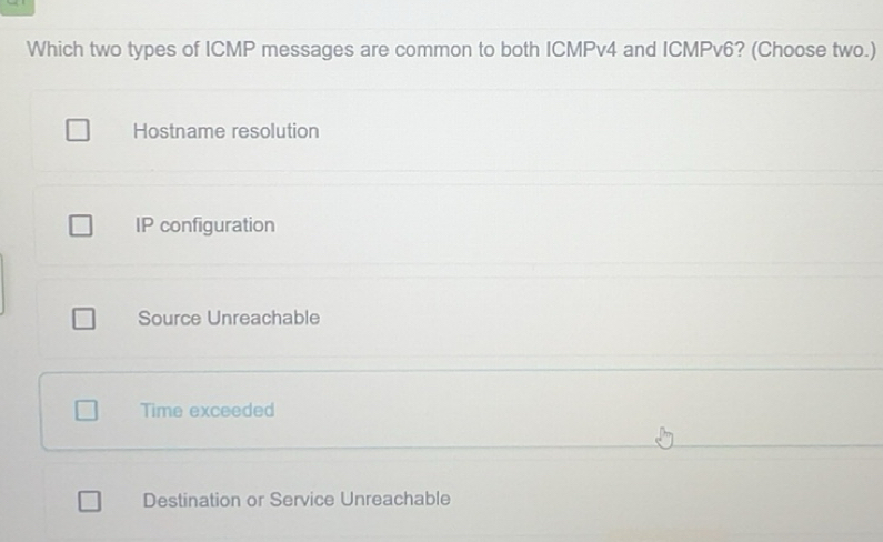 Solved: Which two types of ICMP messages are common to both ICMPv4 and ...