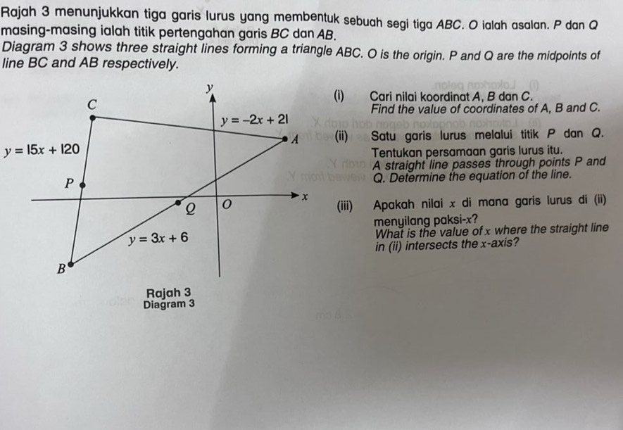 Rajah 3 menunjukkan tiga garis lurus yang membentuk sebuah segi tiga ABC. O ialah asalan. P dan Q
masing-masing ialah titik pertengahan garis BC dan AB.
Diagram 3 shows three straight lines forming a triangle ABC. O is the origin. P and Q are the midpoints of
line BC and AB respectively.
(i) Cari nilai koordinat A, B dan C.
Find the value of coordinates of A, B and C.
(ii) Satu garis lurus melalui titik P dan Q.
Tentukan persamaan garis lurus itu.
A straight line passes through points P and
Q. Determine the equation of the line.
(iii) Apakah nilai x di mana garis lurus di (ii)
menyilang paksi-x?
What is the value of x where the straight line
in (ii) intersects the x-axis?
Rajah 3
Diagram 3