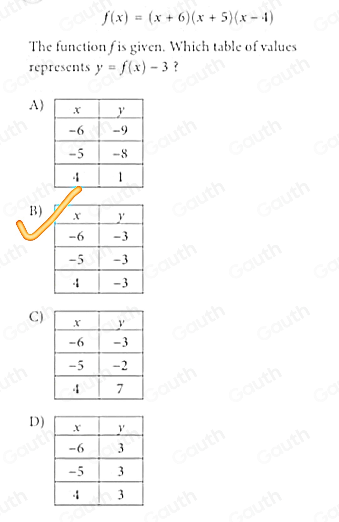 Solved: f(x)=(x+6)(x+5)(x-4) The function f is given. Which table of ...