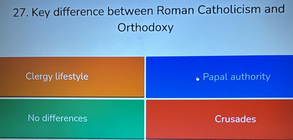 Key difference between Roman Catholicism and
Orthodoxy
Clergy lifestyle Papal authority
No differences Crusades