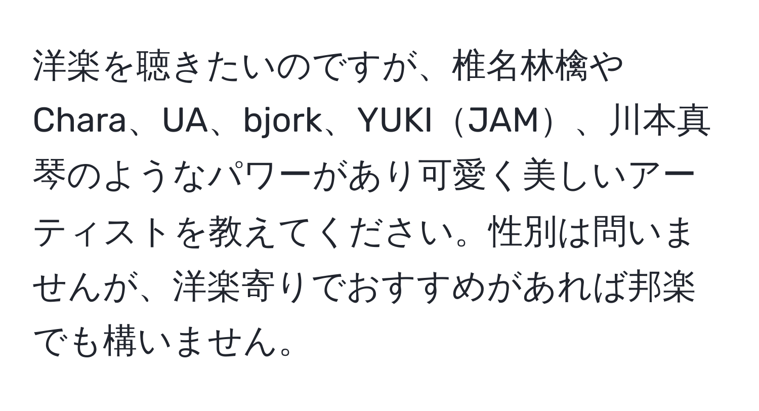 洋楽を聴きたいのですが、椎名林檎やChara、UA、bjork、YUKIJAM、川本真琴のようなパワーがあり可愛く美しいアーティストを教えてください。性別は問いませんが、洋楽寄りでおすすめがあれば邦楽でも構いません。