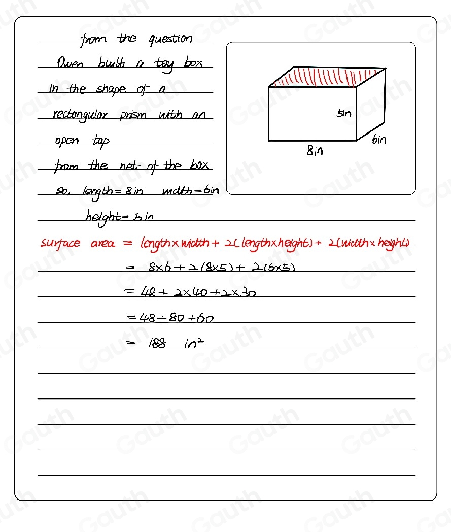 Solved: Owen built a toy box in the shape of a rectangular prism with ...