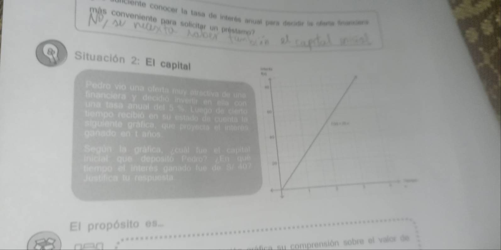 miene conocer la tasa de interés anual para decidir la ofers fnansiers 
má s conveniente para solicitar un préstamo? 
Situación 2: El capital 
Pedro vio una oferta muy atractiva de una 
financiera y decidió invertir en ella con 
una tasa anual del 5 %. Luego de cierto 
tiempo recibió en su estado de cuenta la 
siguiente gráfica, que proyecta el interés 
ganado en t años 
Según la gráfica, ¿cuál fue el capita 
inicial que depositó Pedro? /En que 
tiempo el interés ganado fue de S/ 40
Justífica tu respuesta 
El propósito es... 
nan 
sáfica su comprensión sobre el valor de