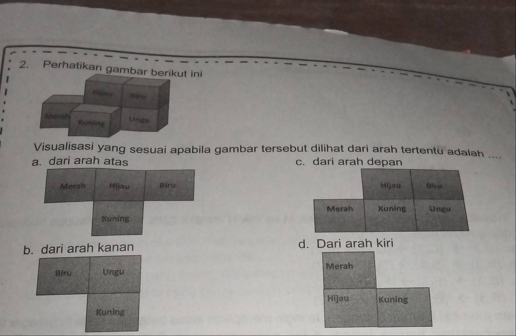 Perhatikan gam
Visualisasi yang sesuai apabila gambar tersebut dilihat dari arah tertentu adalah ....
a. dari arah atas c. dari arah de
Merah Hijau Biru 
Kuning
b. dari arah kanan d. Dari arah kiri
Merah
Biru Ungu
Hijau Kuning
Kuning