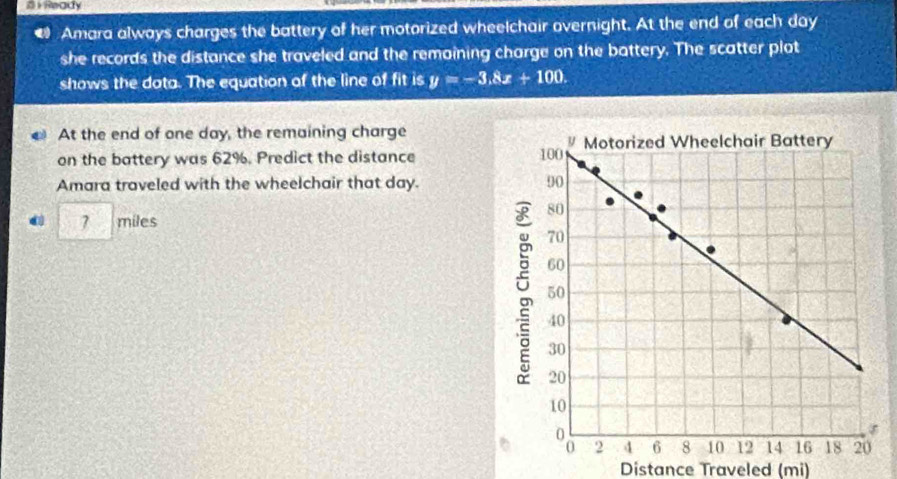 Ready 
• Amara always charges the battery of her motorized wheelchair overnight. At the end of each day
she records the distance she traveled and the remaining charge on the battery. The scatter plot 
shows the dota. The equation of the line of fit is y=-3.8x+100. 
At the end of one day, the remaining charge 
on the battery was 62%. Predict the distance 
Amara traveled with the wheelchair that day.
miles
Distance Traveled (mi)