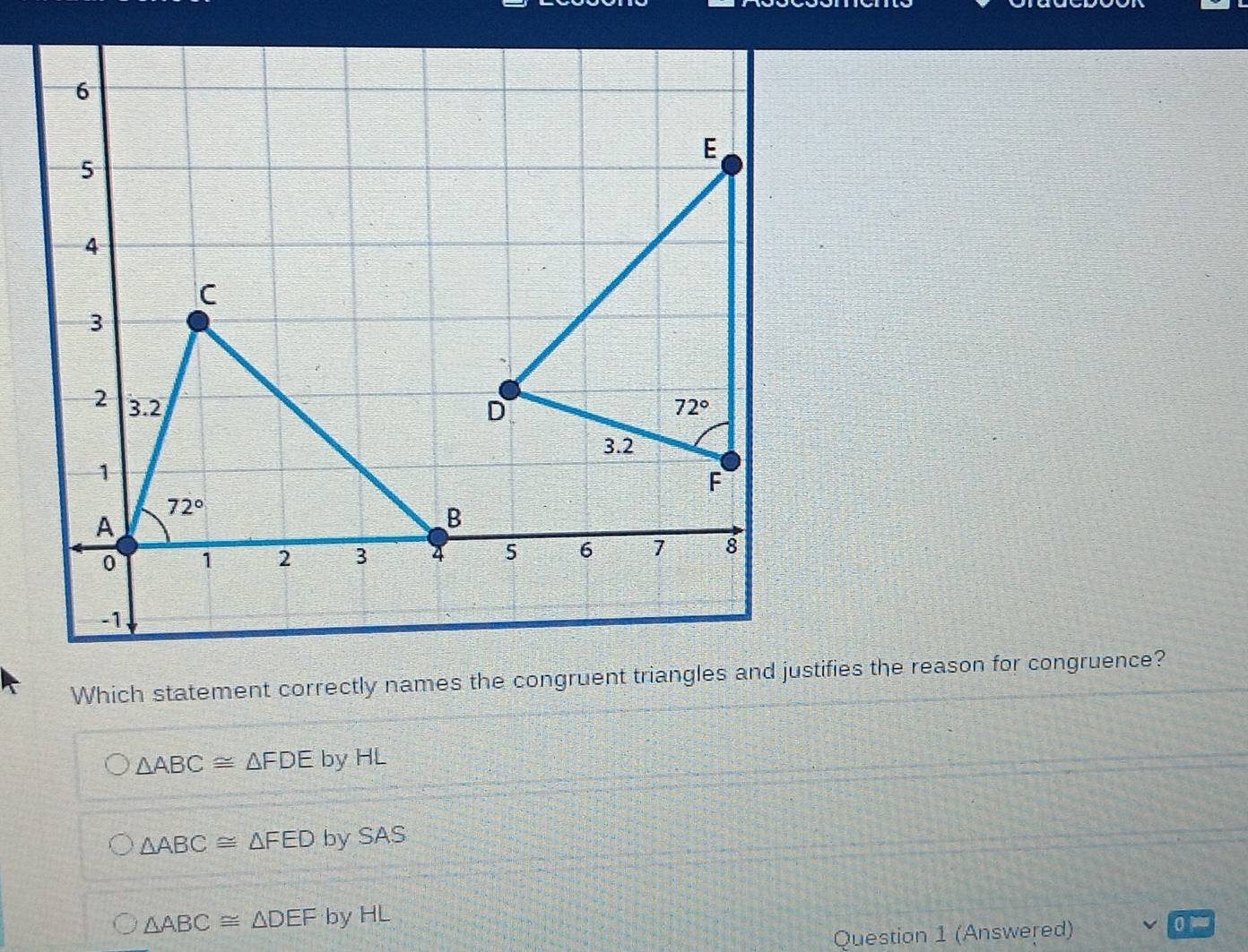 Which statement correctly names the congruent triangles and justifies the reason for congruence?
△ ABC≌ △ FDE by HL
△ ABC≌ △ FED by SAS
△ ABC≌ △ DEF by HL
Question 1 (Answered)